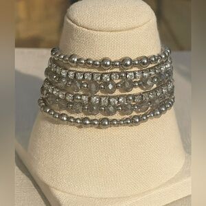 Vintage Y2K Womens Chunky Silver Beaded Rhinestone Slinky Wrap Bracelet Glam 90s